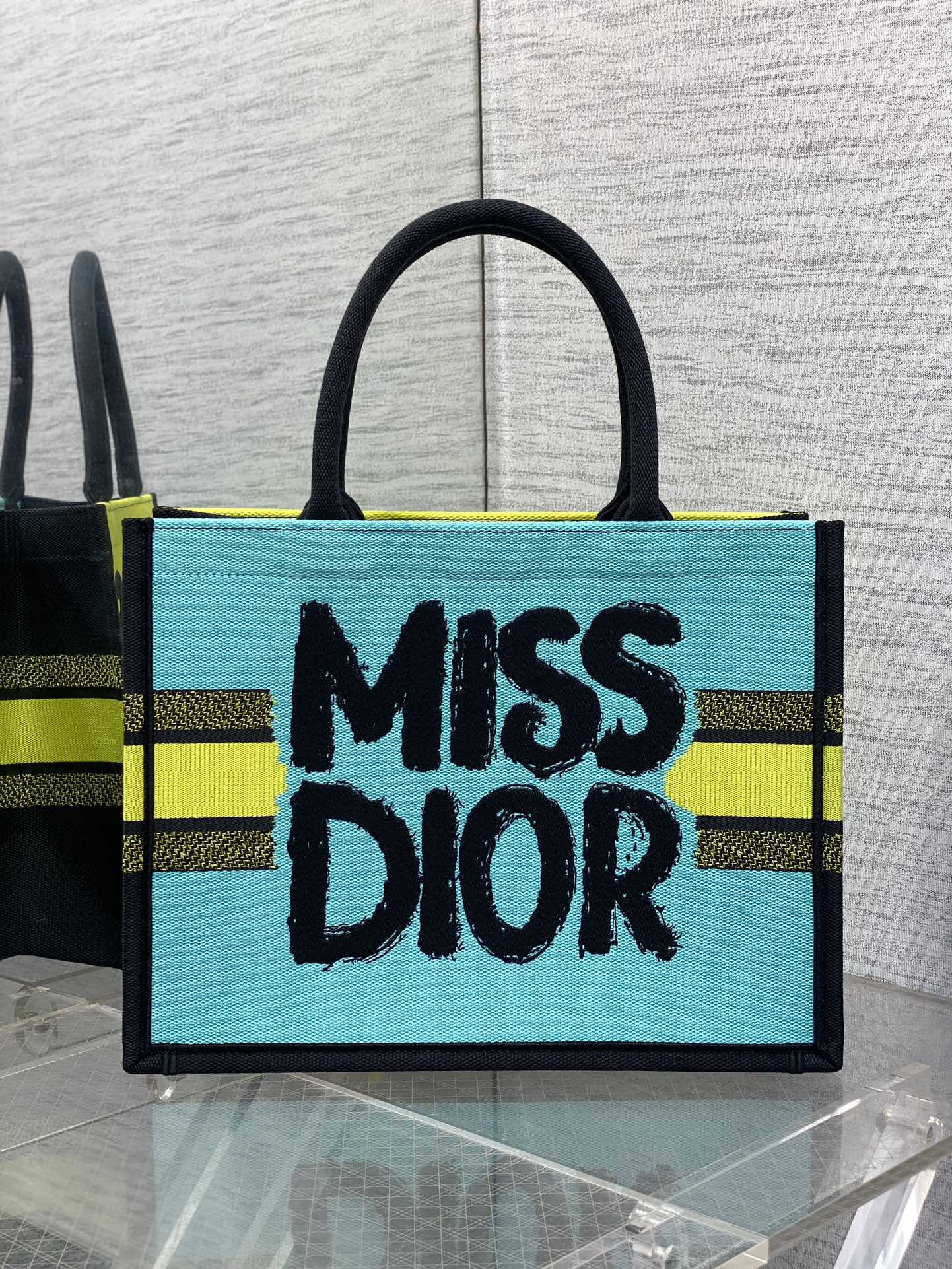 Medium Dior Book Tote Bag Two-Tone Green and Blue Miss Dior Graffiti Embroidery